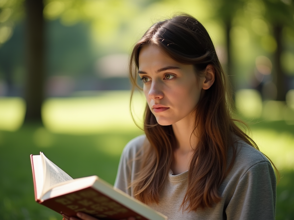 Молодая женщина читает книгу в солнечном парке, задумчиво смотря вдаль.