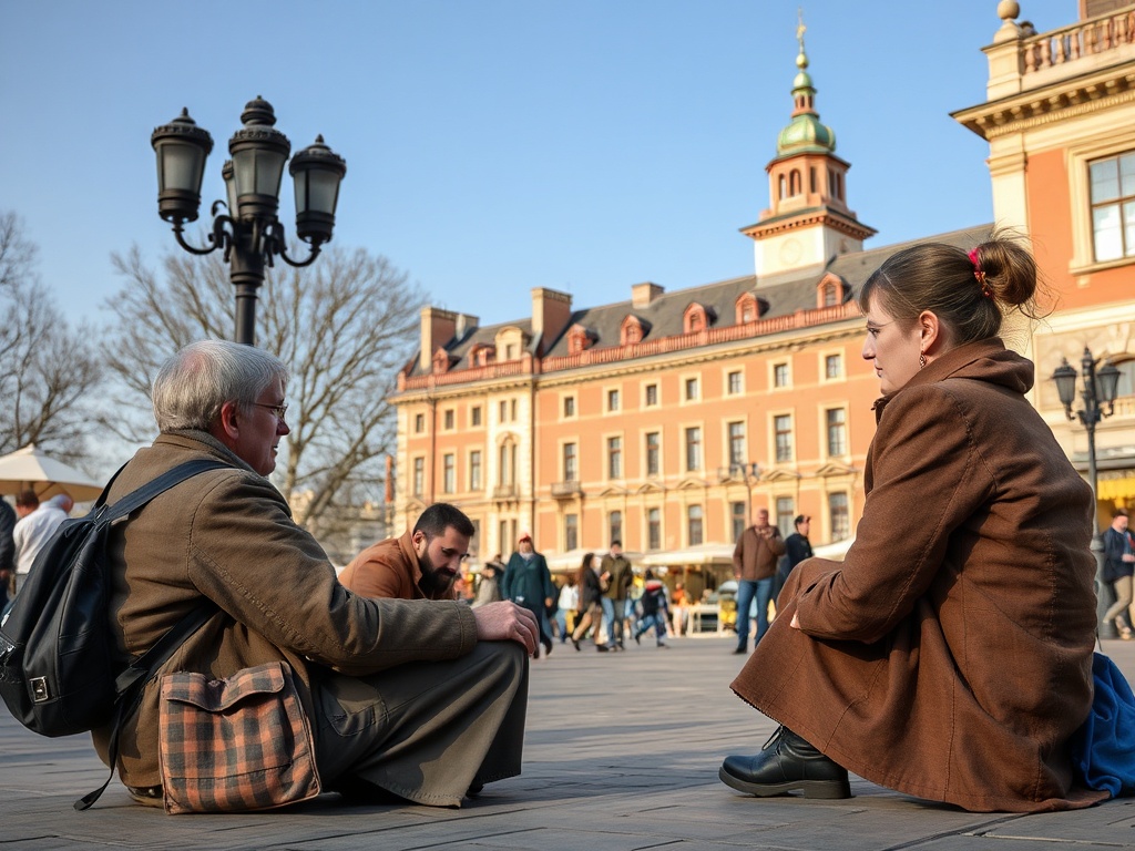 На площади сидят люди, беседуя друг с другом, в окружении зданий и фонарей. Ясная погода.