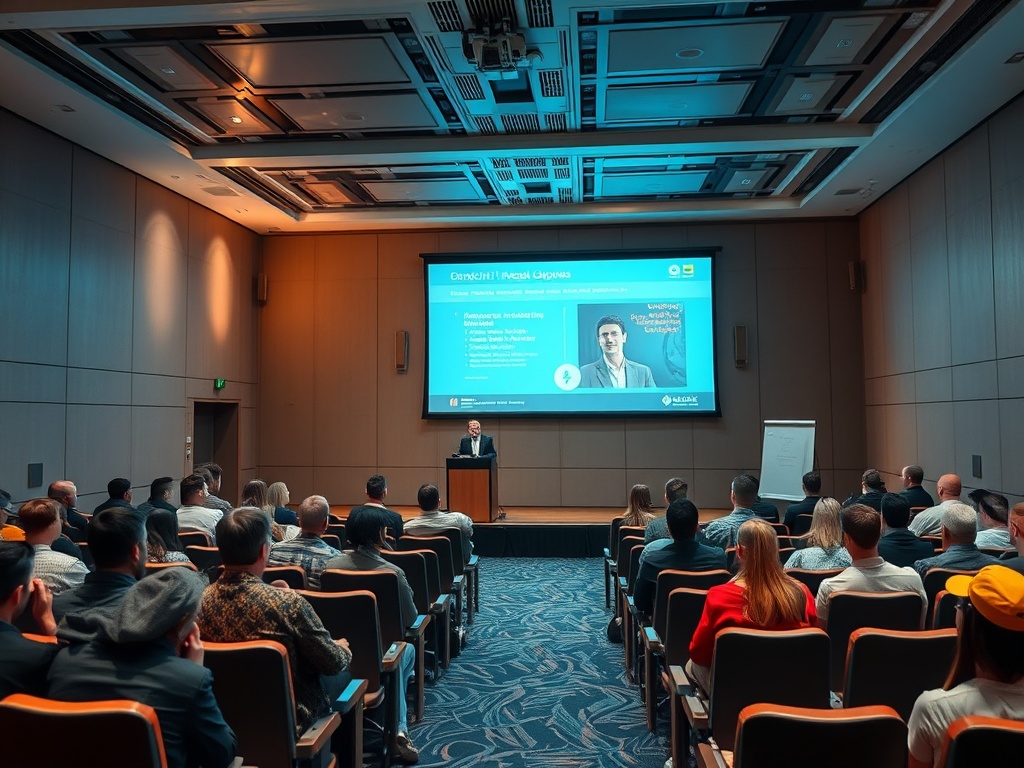 На мероприятии speaker делится опытом с аудиторией, сидящей в зале. На экране - информация о докладе.