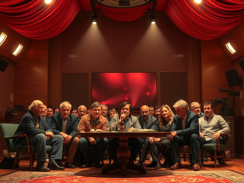 Группа людей сидит за столом в помещении с мягким освещением и красной драпировкой.