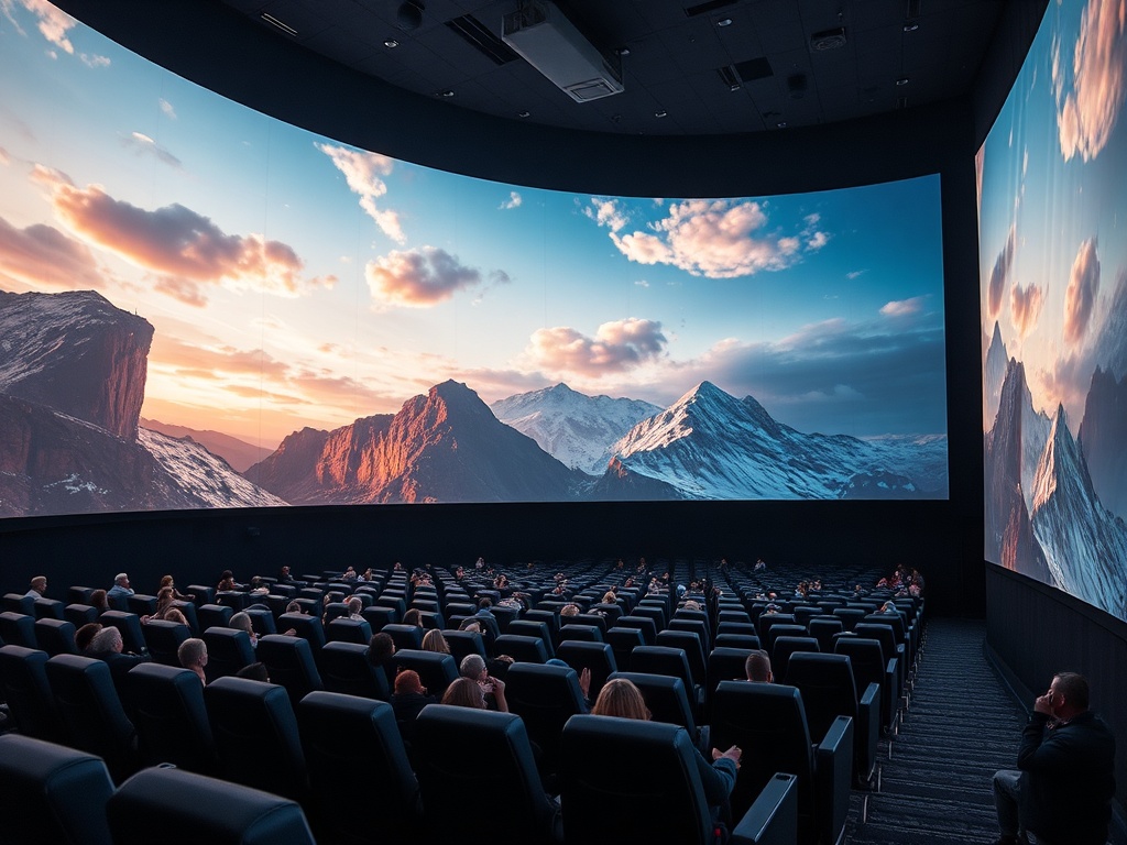 Большой экран с изображением горного пейзажа, зрители наслаждаются просмотром в современном кинотеатре.