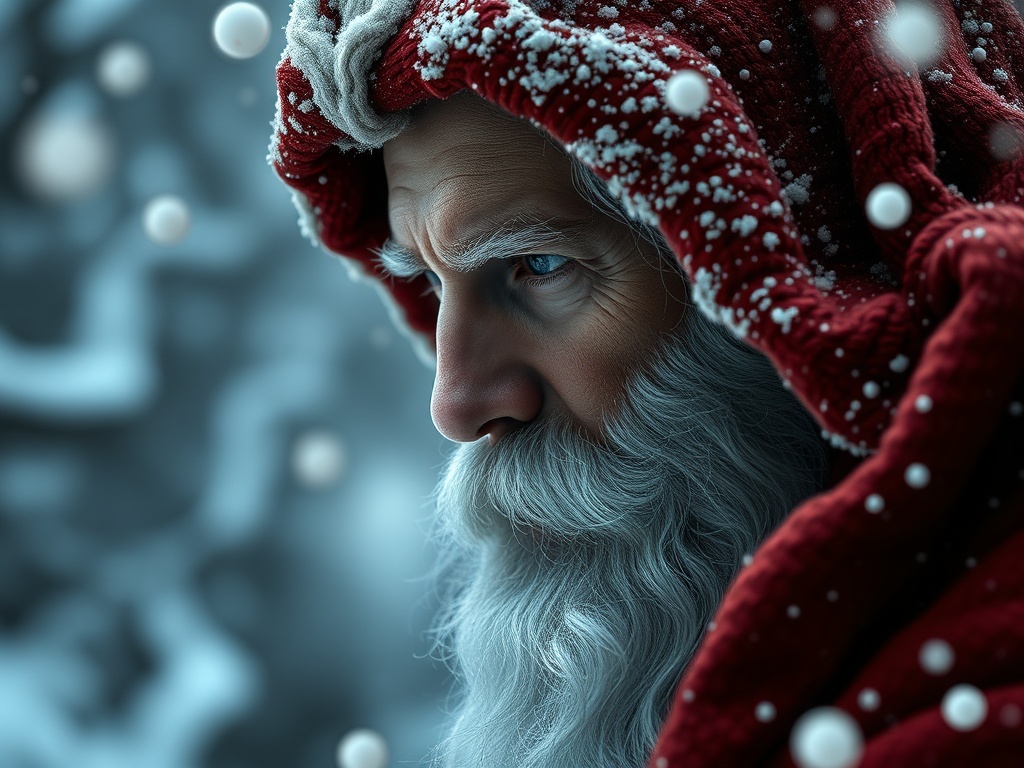 Старик с белой бородой и красной шапкой, окружённый снежинками, смотрит вдаль. Седые волосы слегка приподняты.