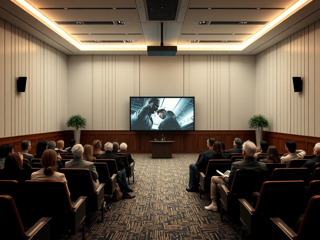 В зале семинара зрители смотрят презентацию на большом экране, обстановка строгое, удобные кресла.