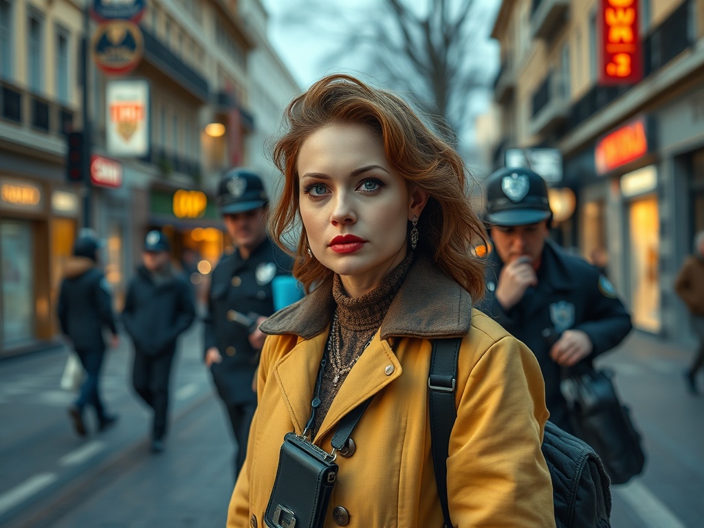 На улице женщина в желтом пальто, на заднем плане полицейские и прохожие. Атмосфера города.