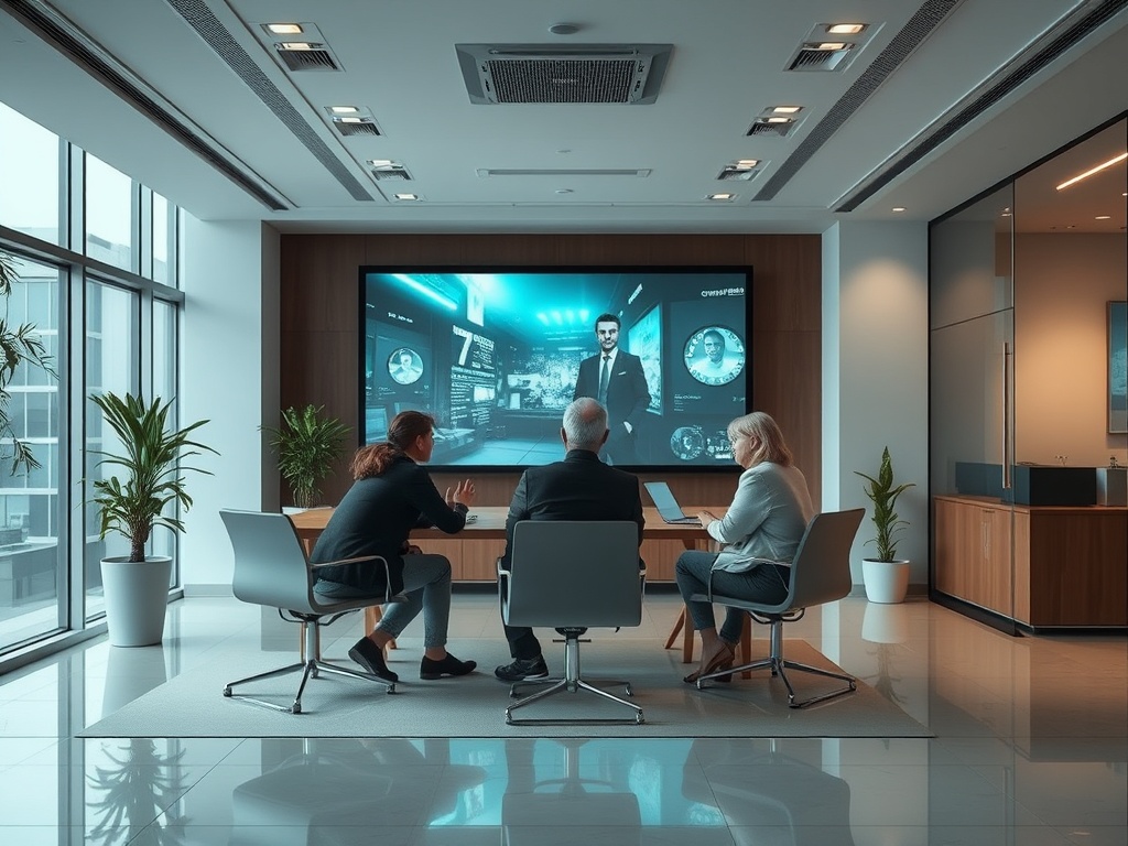 Три человека сидят в конференц-зале перед экраном с презентацией и обсуждают проект.