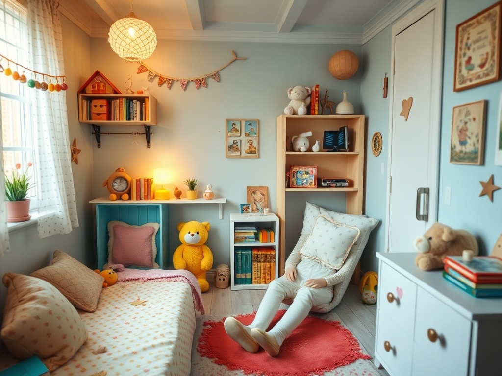 Уютная комната с мягкой мебелью, игрушками и полками с книгами, создающая атмосферу уюта и спокойствия.