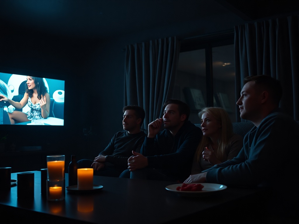 Четыре человека смотрят телевизор в темной комнате, на столе горящие свечи и тарелка с закусками.