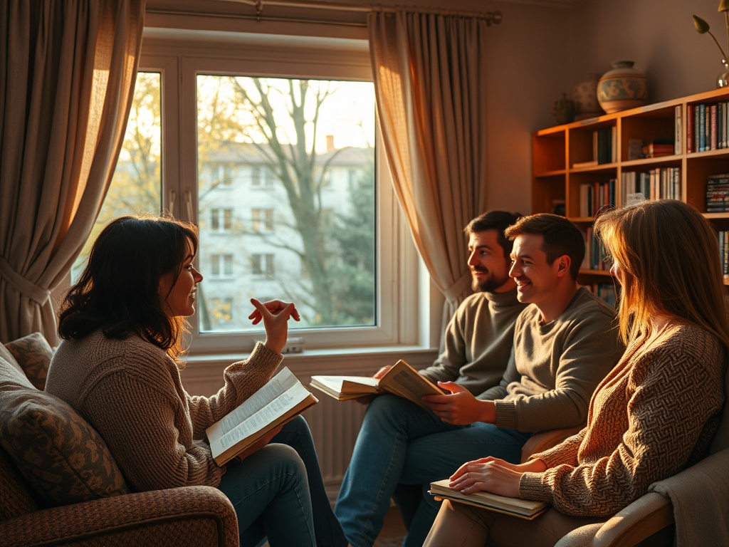 Четыре человека сидят в уютной комнате и обсуждают книги у окна с теплым светом.