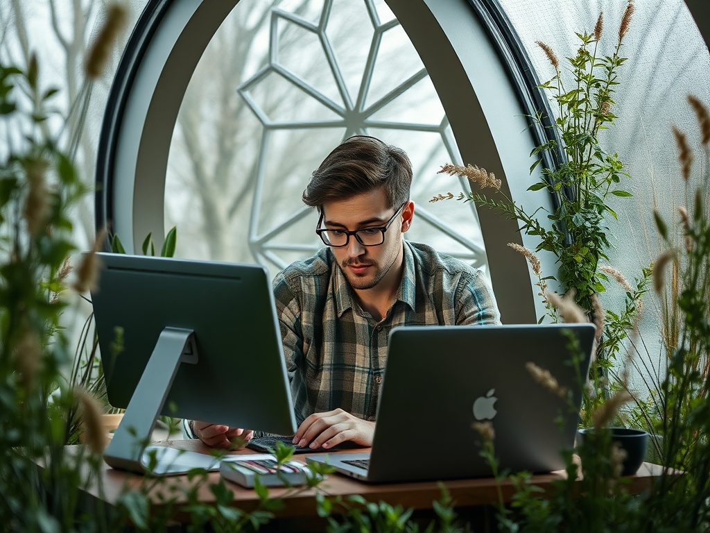 Молодой человек работает за компьютером в зелёном офисе, окружённом растениями и большим окном.