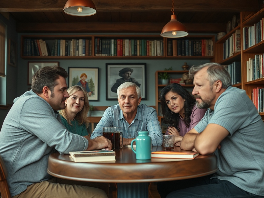 Группа людей за столом в уютной комнате, обсуждающих что-то с интересом и вниманием.