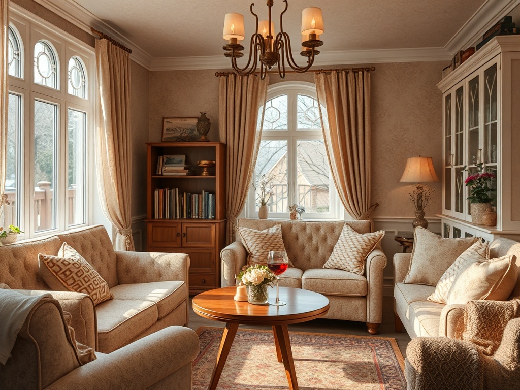 Уютная гостиная с мягкой мебелью, книжным шкафом и круглым столом. Окна освещают пространство.