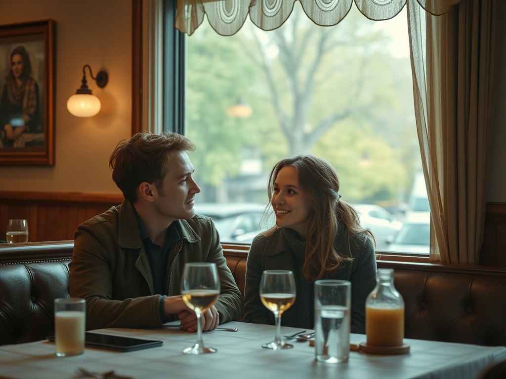 Молодая пара разговаривает за столом в уютном кафе, наслаждаясь напитками и улыбками друг друга.