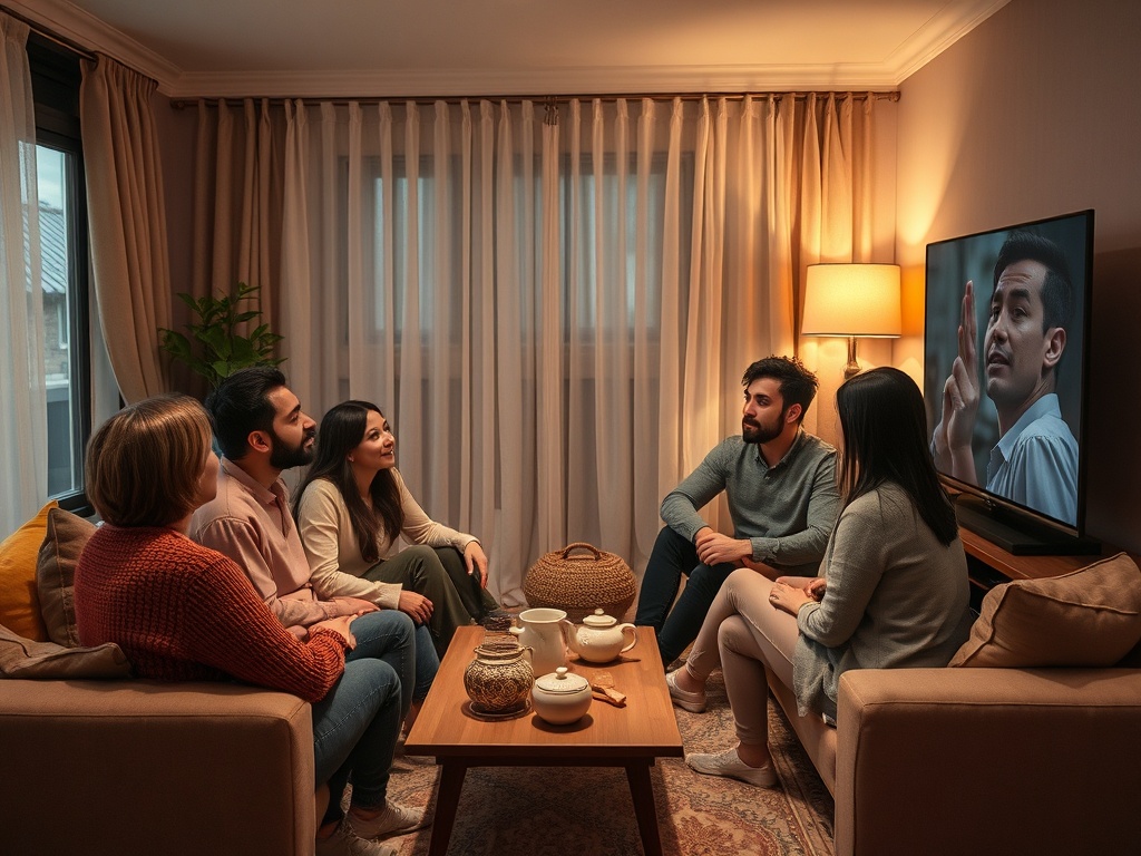 Группа людей сидит в уютной комнате, смотря телевизор и обсуждая что-то важное. Теплая атмосфера.