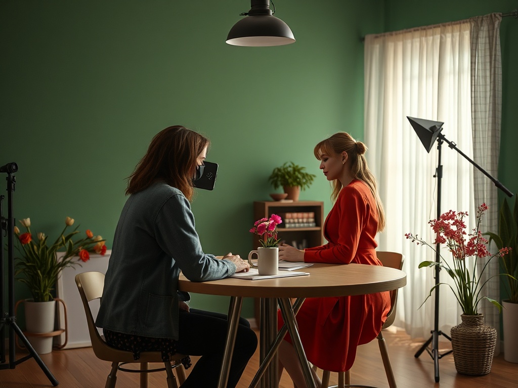 Две женщины сидят за круглым столом в уютной комнате с зелеными стенами и цветами. Рассматривают документы.