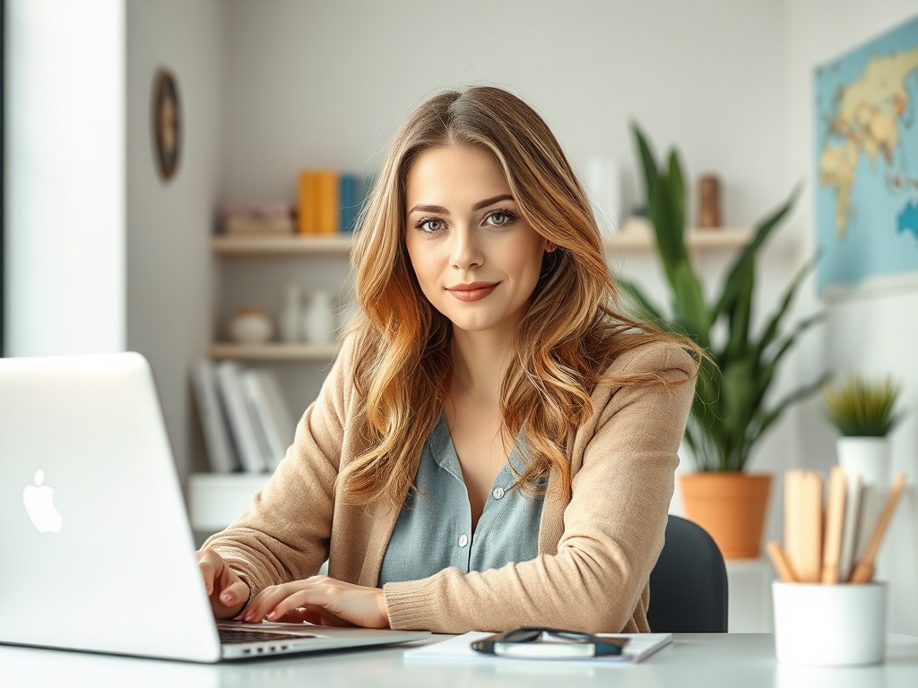 Молодая женщина работает за столом с ноутбуком, на фоне офисного интерьера и зелёных растений.