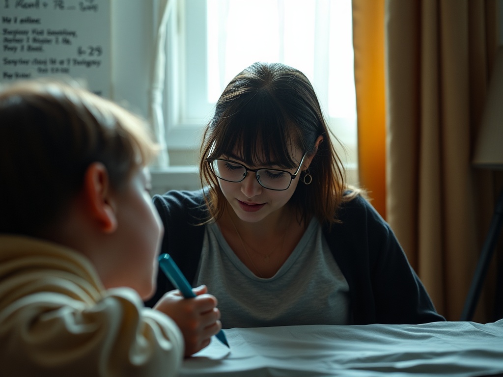 На изображении женщина помогает ребенку рисовать на столе при ярком солнечном свете из окна.