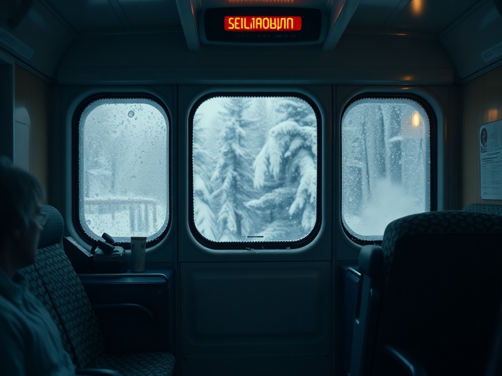 Вид из окна поезда на снежный пейзаж с дождем и туманом. Внутри поезда уютная атмосфера.