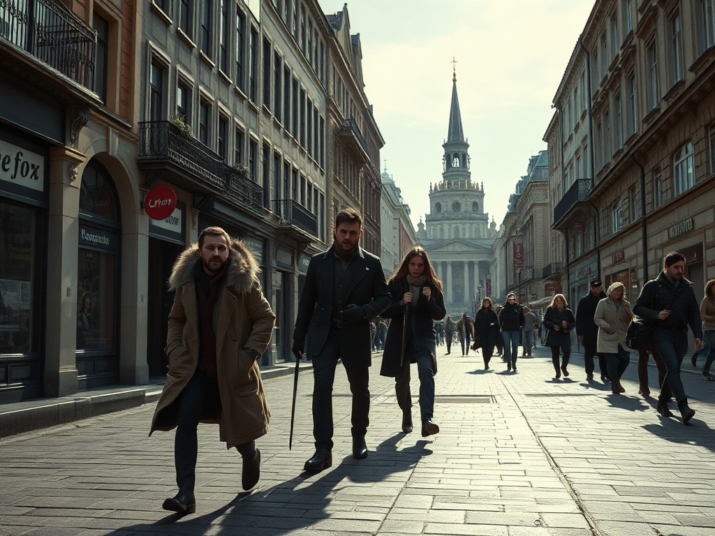 На улице много людей, трое друзей идут вперед к высокому зданию вдалеке на фоне яркого неба.