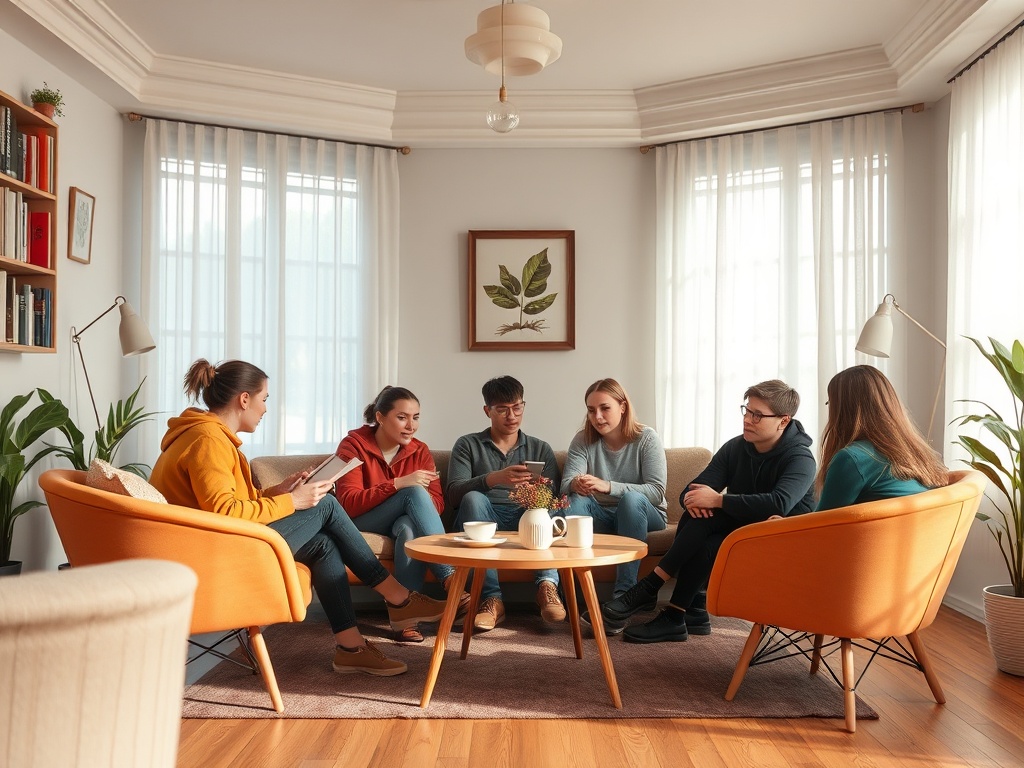В уютной комнате собралась группа молодых людей, обсуждая что-то вместе, сидя вокруг стола.