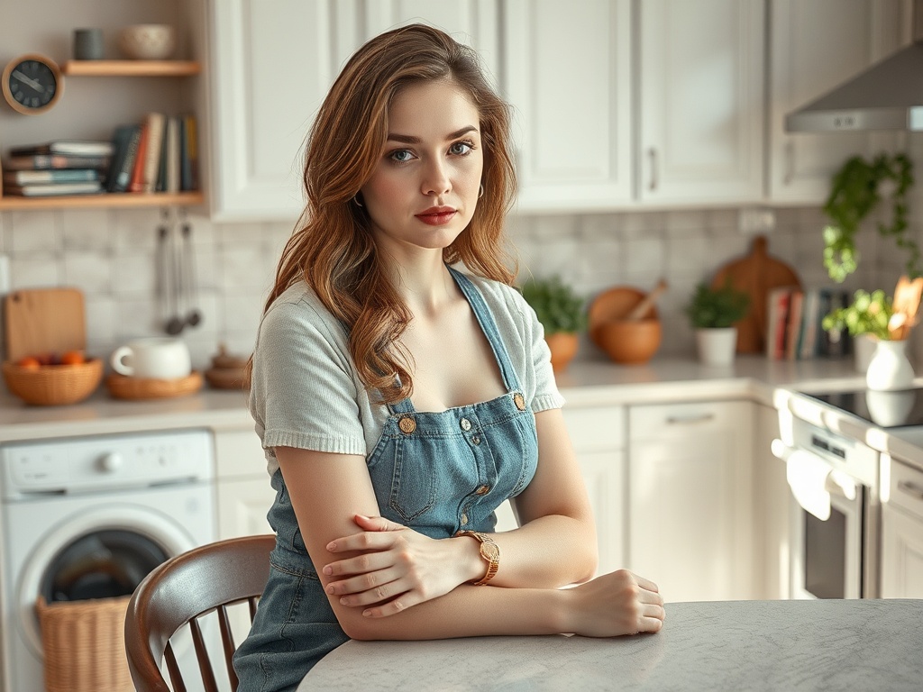 Молодая женщина с длинными волосами сидит за столом в уютной кухне, скрестив руки, в джинсовом наряде.