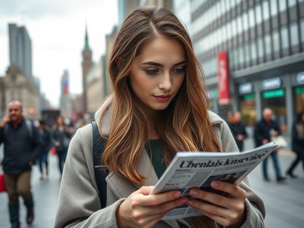 Молодая женщина с длинными волосами читает газету на городской улице, вокруг люди и здания.