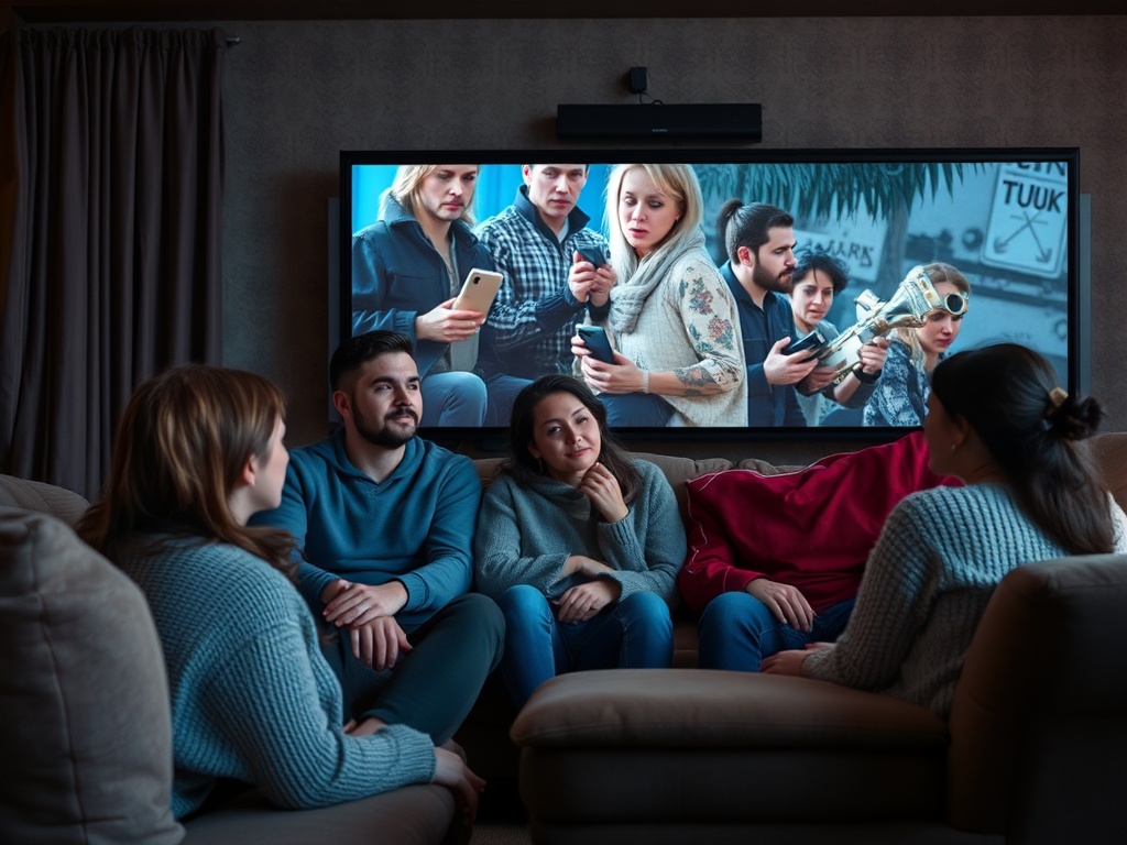 На диване сидят друзья, смотря фильм, на экране - напряженная сцена с персонажами.