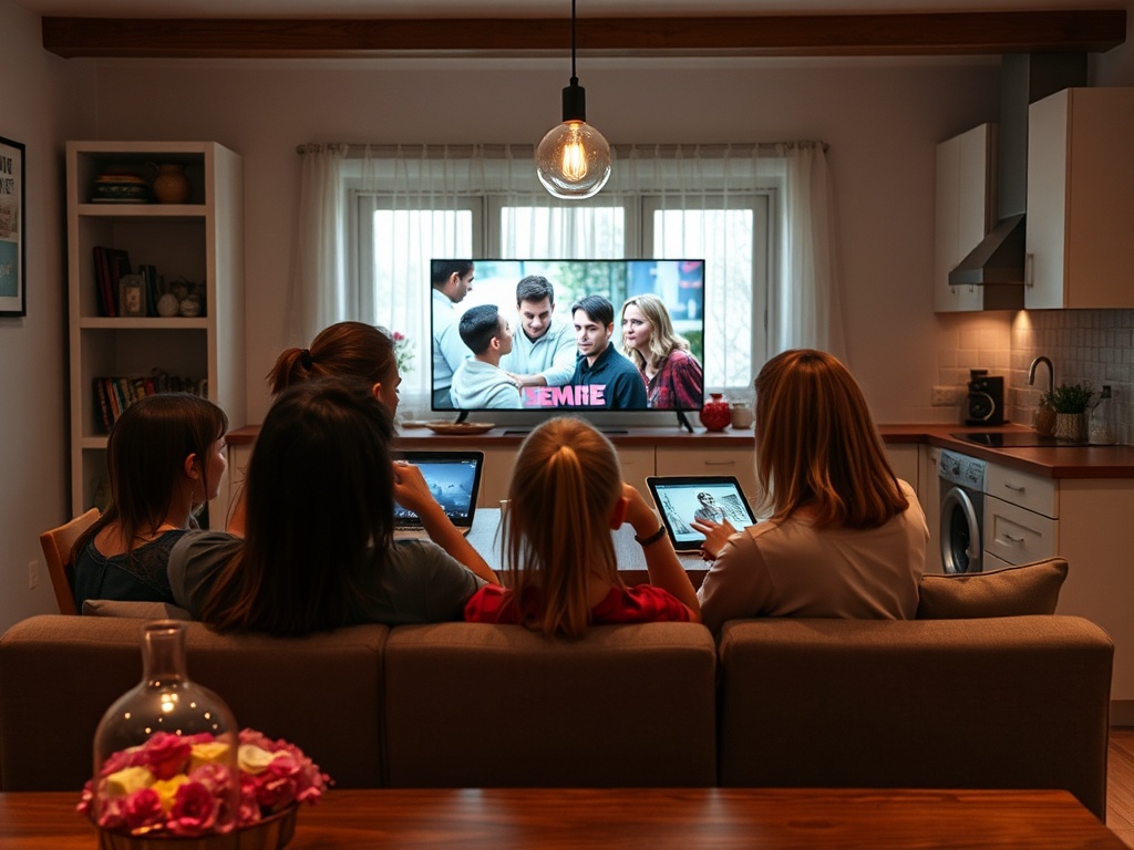 В уютной гостиной группа людей смотрит телевизор и использует планшеты, погруженные в свое занятие.