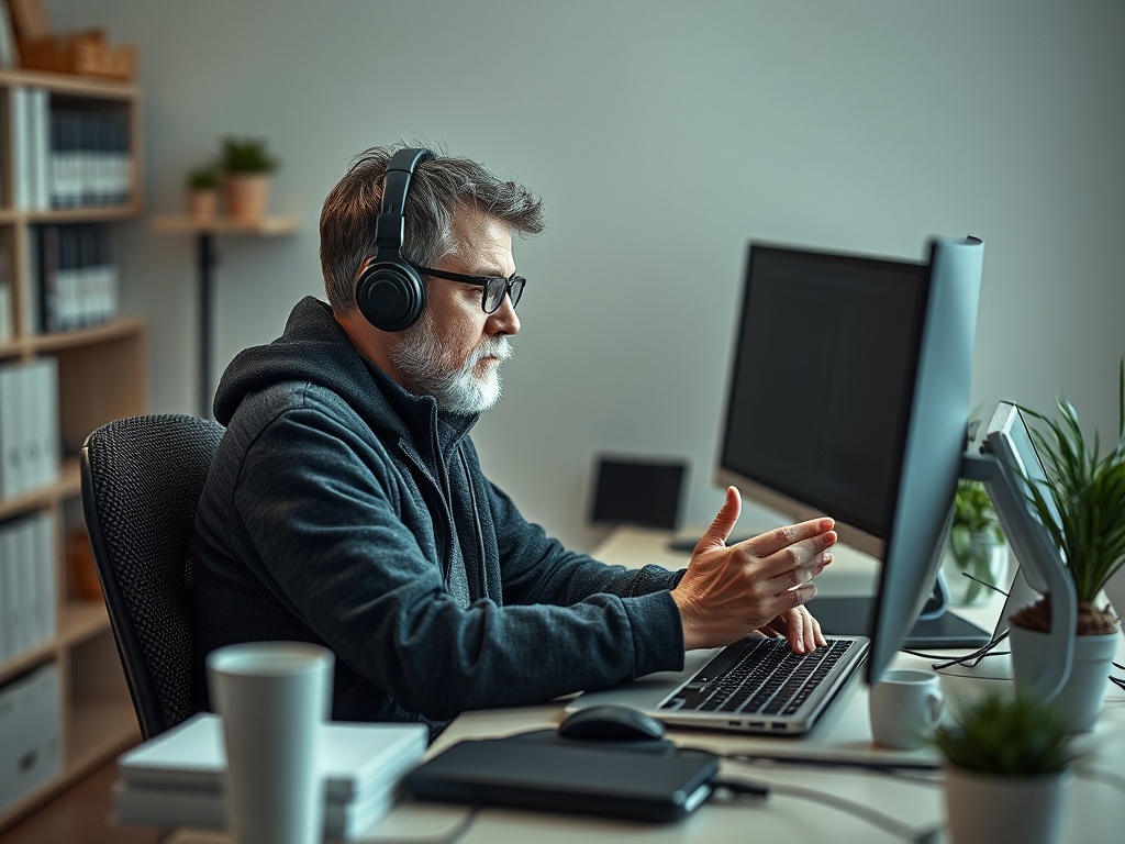Пожилой мужчина в наушниках работает за компьютером, обсуждая что-то с собеседником. На столе растения и чашка.