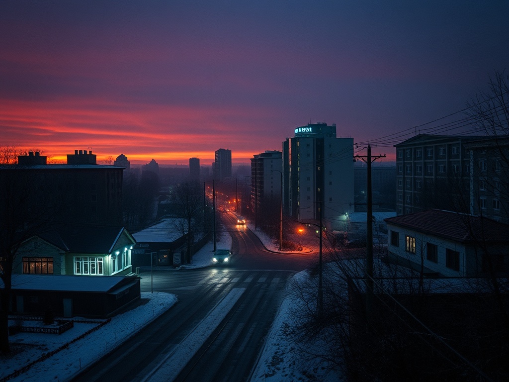 Городской пейзаж на рассвете, снежная улица и яркие огни зданий на фоне цвета неба.