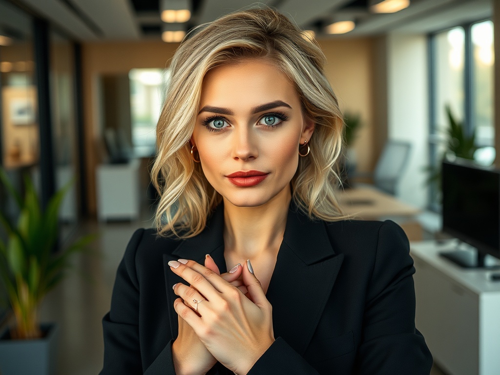 Молодая женщина в деловом костюме с красивыми глазами и ухоженными руками, на фоне современного офиса.
