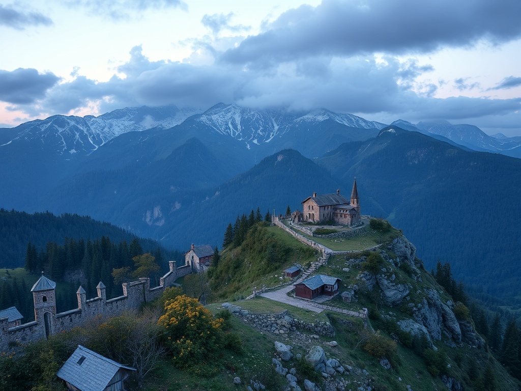 Старинный монастырь на склоне горы, окруженный лесами и величественными горами под облаками.