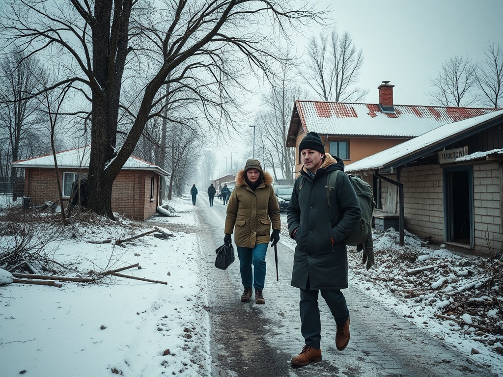 Два человека и несколько прохожих идут по зимней улице с заметным снегом и заброшенными зданиями.