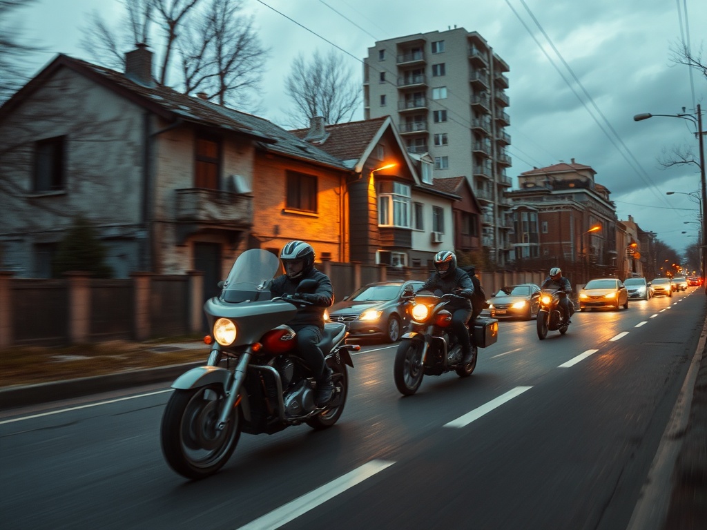На улице мотоциклисты проезжают мимо автомобилей и домов под вечерним облачным небом.