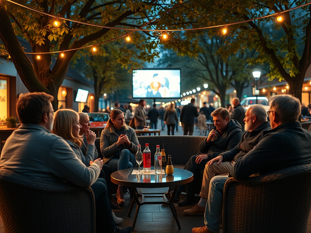 Группа людей общается за столом на вечернем мероприятии под светом фонарей. На экране фильм.
