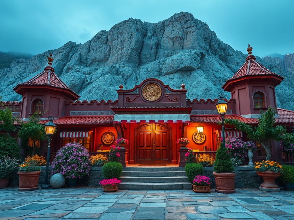 Красивая здание с красной крышей и растениями, окруженное величественными горами, в вечернем свете.