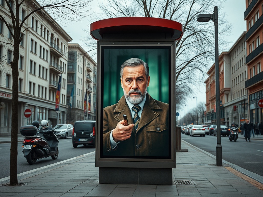 На остановке общественного транспорта изображение человека в костюме, указывающего на зрителя. Городская улица.