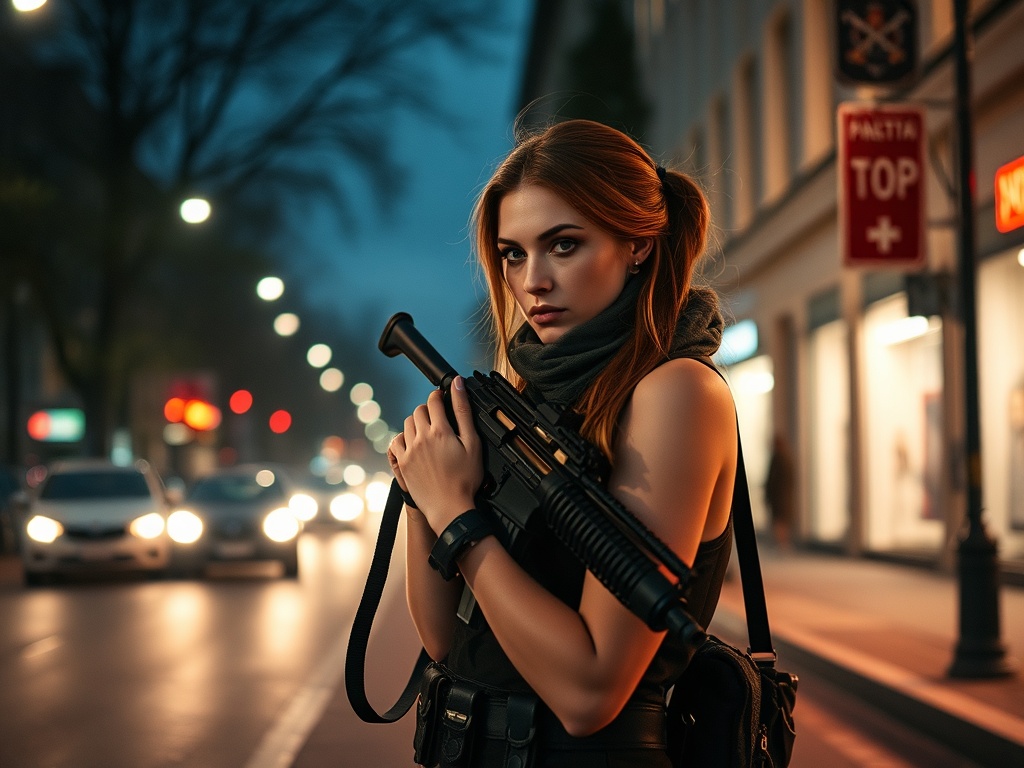 Молодая женщина с оружием на улице, вечер, городская атмосфера, неоновый свет, решительный взгляд.