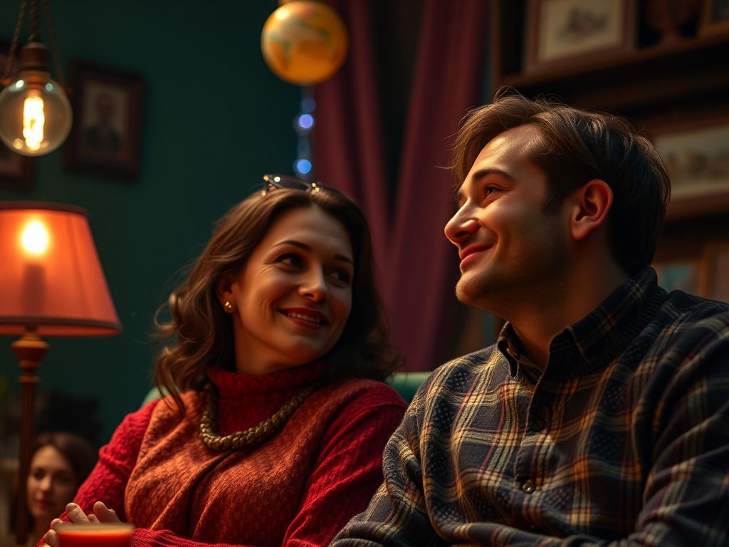 Два человека сидят рядом, улыбаются, общаются в уютной обстановке с приглушенным светом.