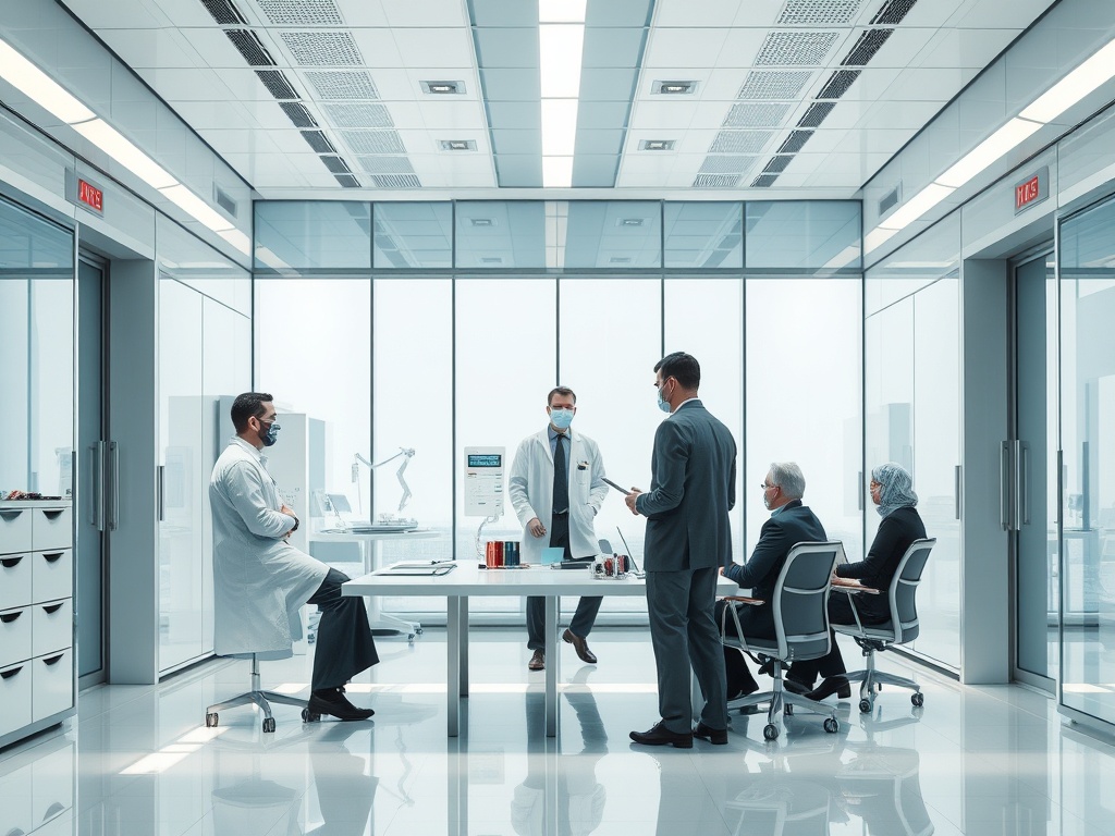 На совещании в современном кабинете врачи обсуждают важные медицинские вопросы в защитных масках.