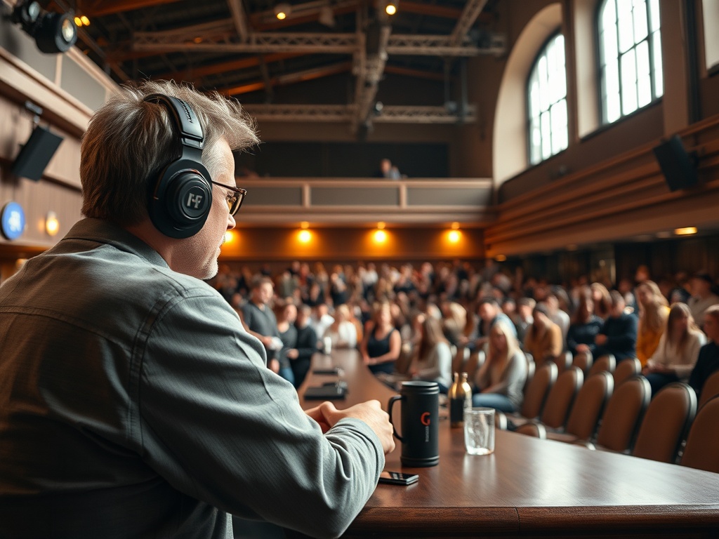 Выступающий в наушниках на фоне аудитории, слушающей презентацию или лекцию в зале.