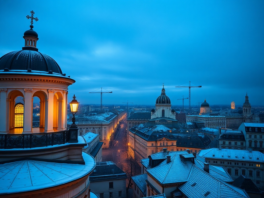 Предгород вечернего города с заснеженными крышами и мягким светом фонарей в холодном голубом свете.