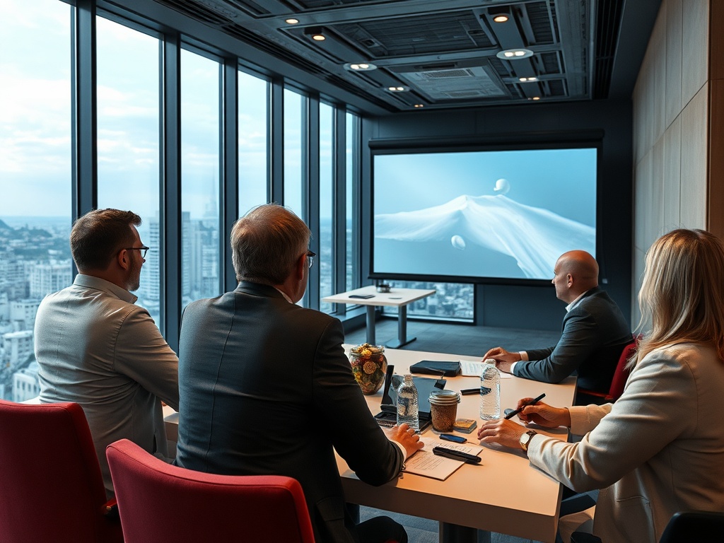В современном офисе группа людей проводит заседание с проектором и видом на город.