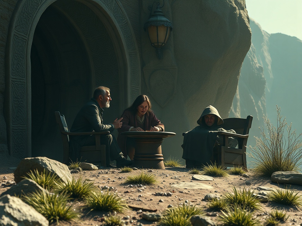 На фоне скал три человека сидят за столом, обсуждая что-то в уединенном месте на природе.