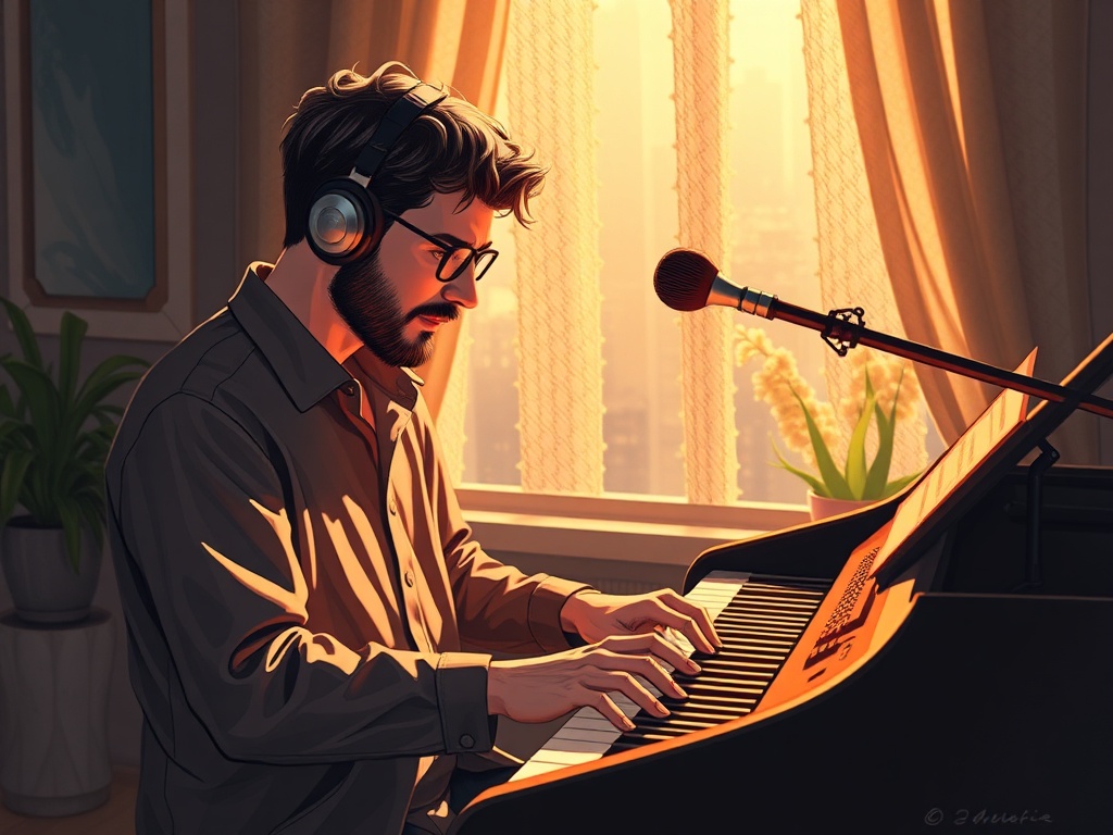 Мужчина с наушниками играет на пианино у окна, залитого солнечным светом. Микрофон и цветы рядом.