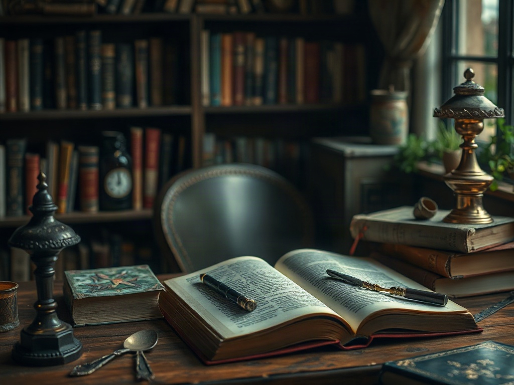 На столе лежат открытая книга, ручка, предметы для письма и книги на фоне книжной полки.