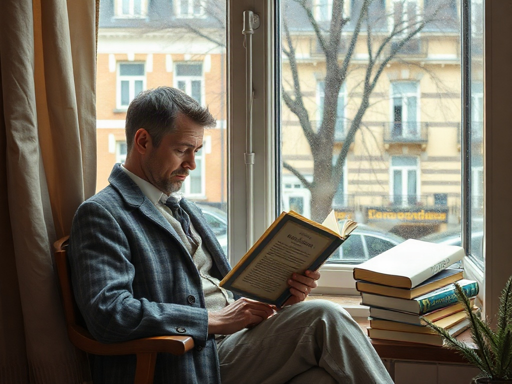Мужчина в кресле читает книгу у окна, рядом стопка книг и вид на улицу. Осенний день, дождь за окном.